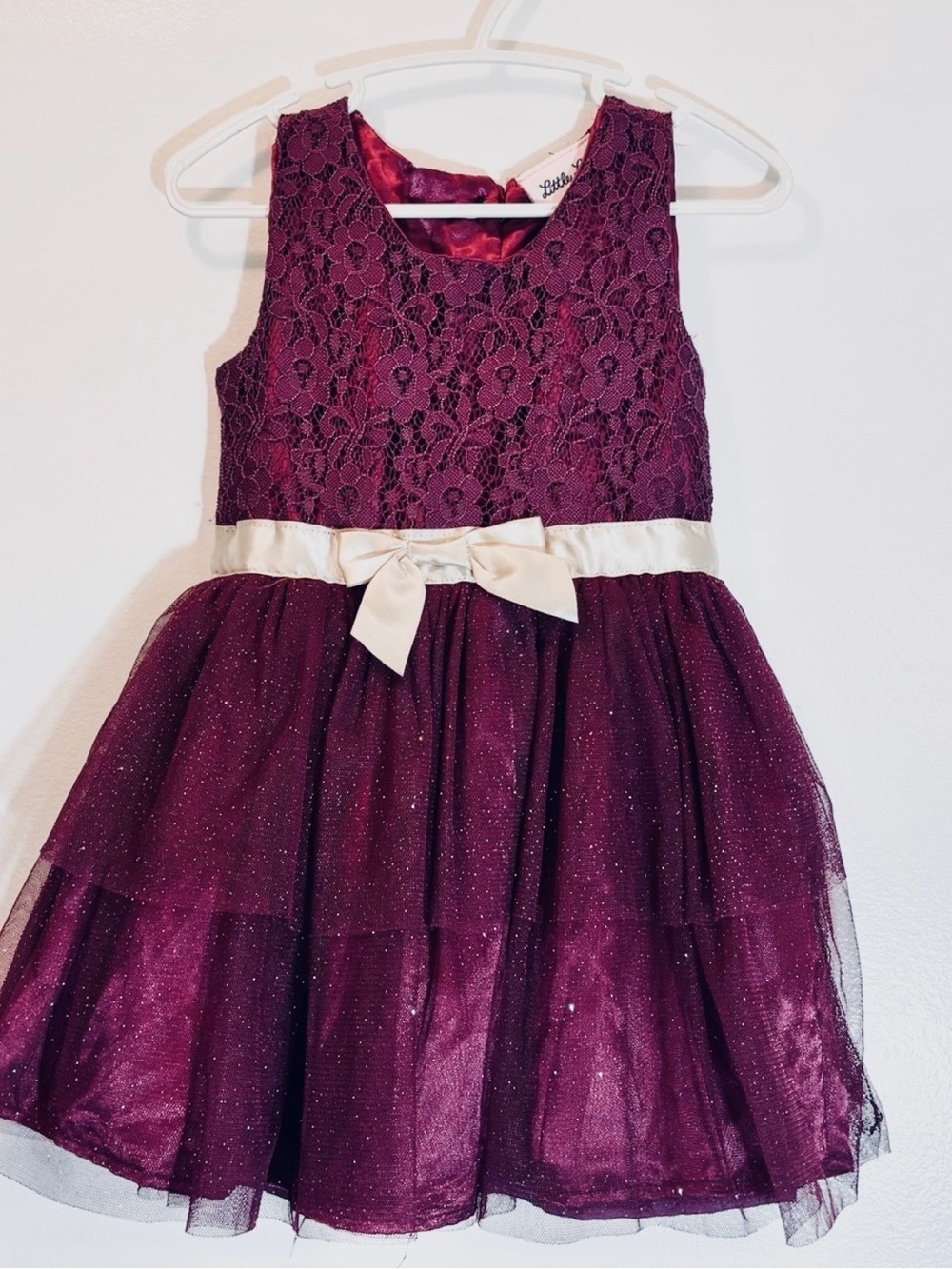 Little Lass Plum Burgundy Lace & Glitter Tiered Tulle Formal Dress 2T